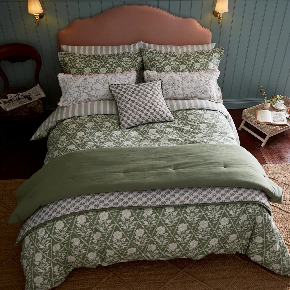 Juliette Stamp Floral Geometric Bedding by Joules in Green